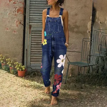 

Floral Printed Women Denim Jumpsuits Sleeveless Female Overall Jeans Trousers 2019 Spring Autumn Casual Fashion Lady One Pieces