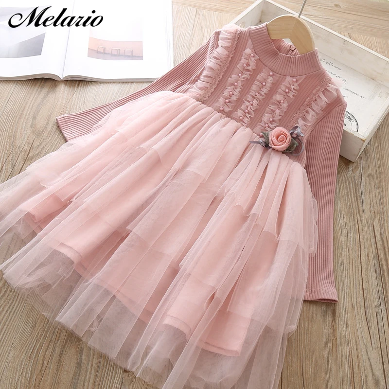 AX1248Pink Melario/весеннее платье с длинными рукавами для девочек бальное платье, вязаное платье-жилет комплекты из 2 предметов с принтом Детские платья весенний Детский костюм - Цвет: AX1248Pink