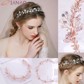 

QIANAO Rose Gold Headbands Hair Jewelry Pearl Crystal Leaf Flower Bride Tiaras Headpiece Wedding Bridal Hair Accessories Gift