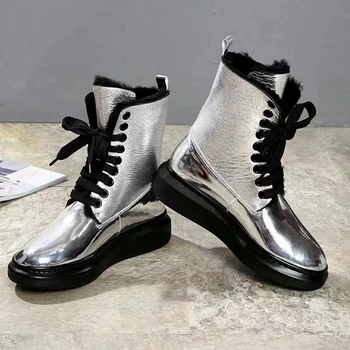 

2020 Winter Patent Leather Warm Boot Shoes for Women Lace Up Mixed Colors Platform Fur Boots Top Quality Designer Original Brand