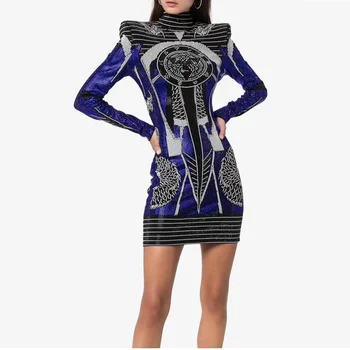 

2019 Autumn High Fashion Jacquard Long Sleeve Bandage Women Dress Celebrity Turtleneck Sexy Bodycon Mini Party Vestidos
