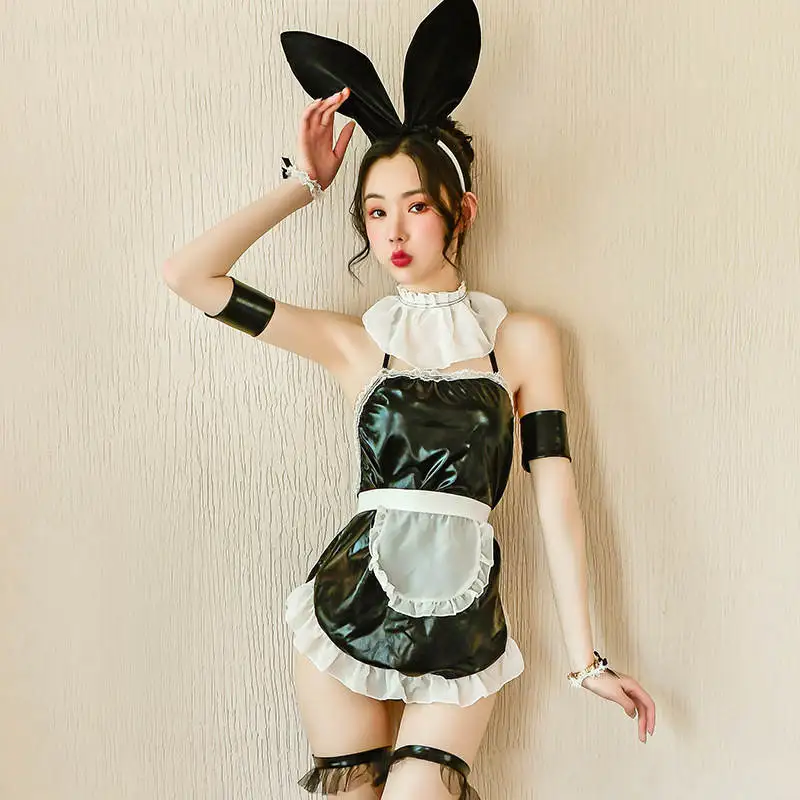 Cosplay&ware Sexy Lingerie Women’s Patent Leather Halter Neck Features Net Yarn Neckwear One-piece Nightclub Maid Bunny Girl Set -Zentai shop online H6494c8d5471746fbb200a43c6fcfe48ec.jpg