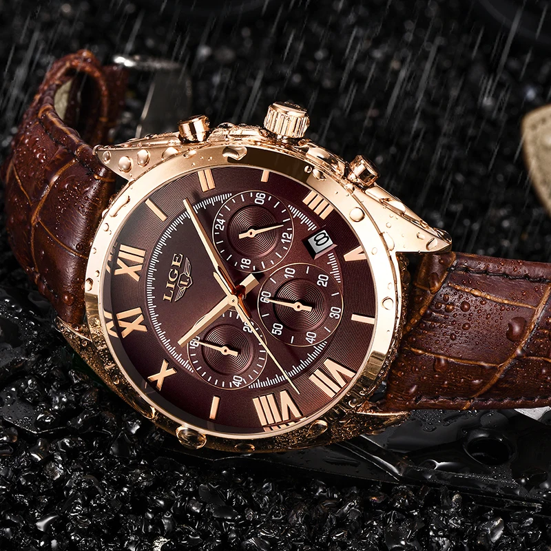 

LIGE Watch For Men Top Brand Luxury Waterproof 24 Hour Date Quartz Clock Brown Leather Sports WristWatch Relogio Masculino 2020