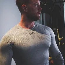 Спортивная футболка для занятий фитнесом, ультра-тянущиеся мужские колготки с длинным рукавом, дышащий тренировочный костюм с вырезом лодочкой, Базовая рубашка