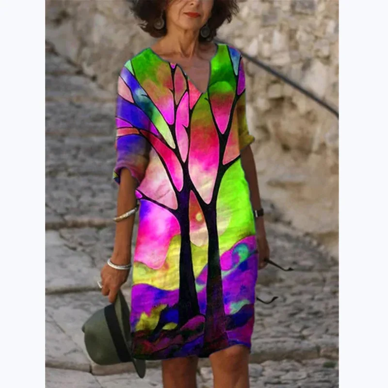 

Women Spring Autumn Dress Plus Size Loose Midi Sleeve V-Neck Fashion Knee Length Personality Print Dresses Femme Street Vestidos