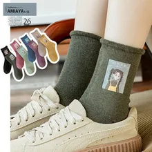 Женские хлопковые носки в японском стиле с рисунком из мультфильма для девочек, зимние однотонные женские носки, сохраняющие тепло, удобные носки