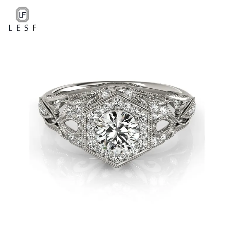 

LESF 925 Silver Ring Designer Jewelry For Women Carved 1 Ct Round Engagement Wedding Rings High-end Silver Jewelry