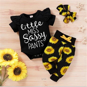 

Pudcoco Baby Set Sunflower Girl Knit Cotton Short Sleeve Bodysuits Tops Pants Headband 3PCS Outfits Clothes Set