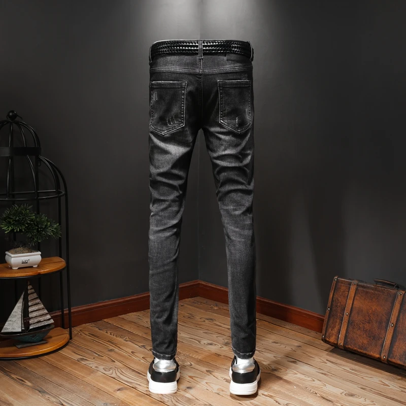 Осень зима новые рваные джинсы для мужчин Уличная Вышивка джинсы Slim Fit Брюки