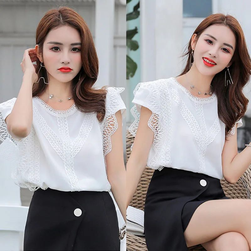 

New Summer Lace Shirts Women Chiffon Shirt Short Sleeve White Red Dot Print Blouses Casual Tops Office Ladies Blouse Blusa Mujer