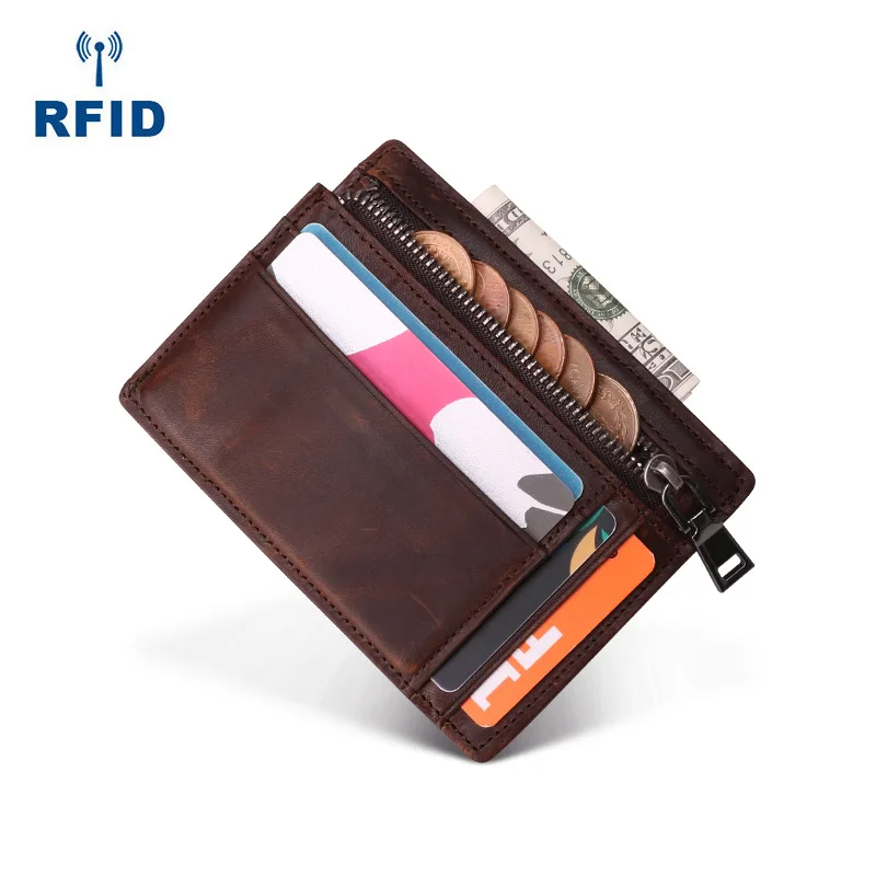 

Horse Leather Retro Genuine Leather Card Bag RFID Anti-Theft Brush Card Bit More Document Package Purse Multi-functional Wallet