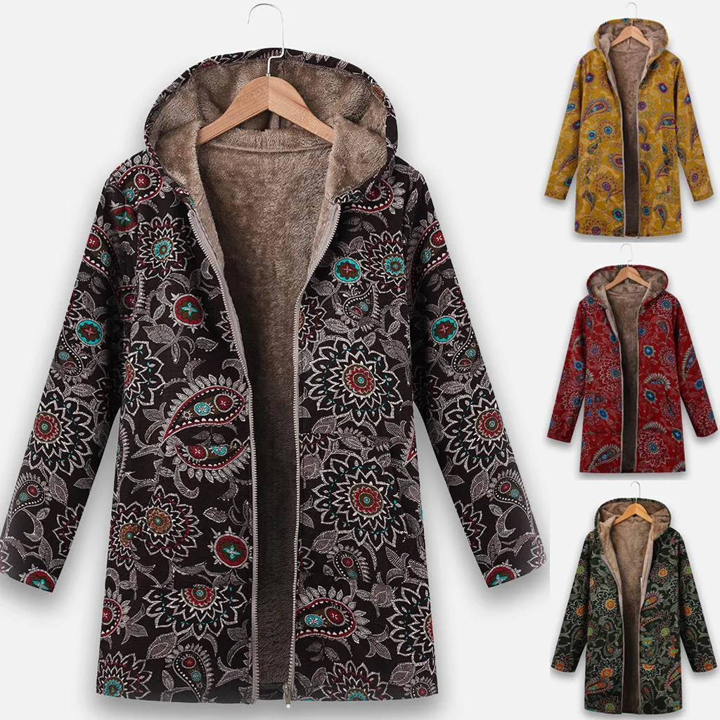 

Winter Coat Women Winter Jacket Plus Size Lady Ethnic Print Hooded Fleece Outwear Parkas For Women Vintage Zipper Coat 9m3