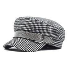 Для женщин с закруглёнными краями и пуговицей сверху Кепки Модный комплект с узором «гусиная лапка» береты шляпа Восьмиугольные шляпы с серебристый Стразы ремешки с пряжками, для осень-зима; сезон весна