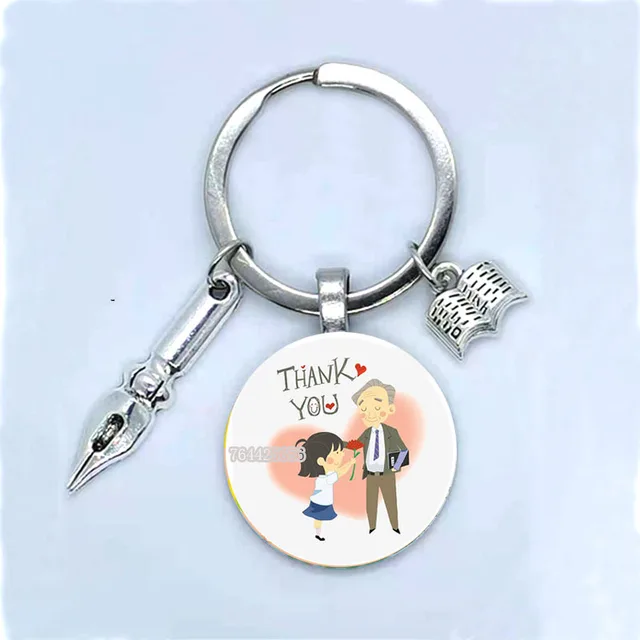 Fashion New Dear Teacher Round Glass Keychain Handmade DIY Book Pen Decoration Pendant Keychain Teacher'S Day Gift Souvenir 19