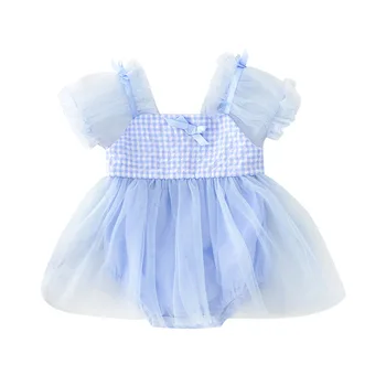 

baby bodysuit solid blue white plaid pattern sweet new born jumpsuit sweet baby girls clothing