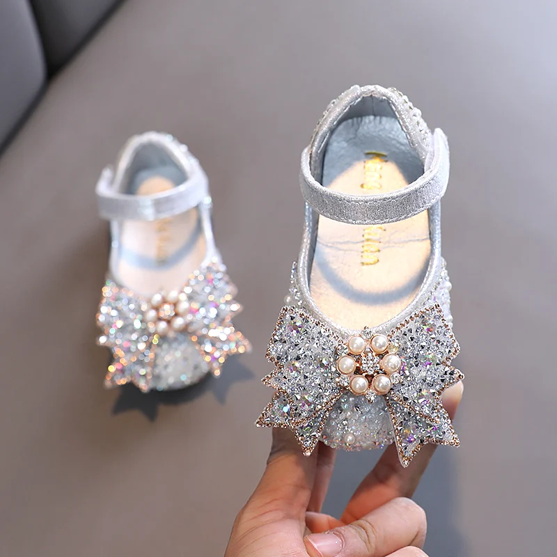 Spring Girls Princess Rhinestone Leather Shoes 2022 New Children Bow Single Shoes Baby Flats Performance Dance Shoes