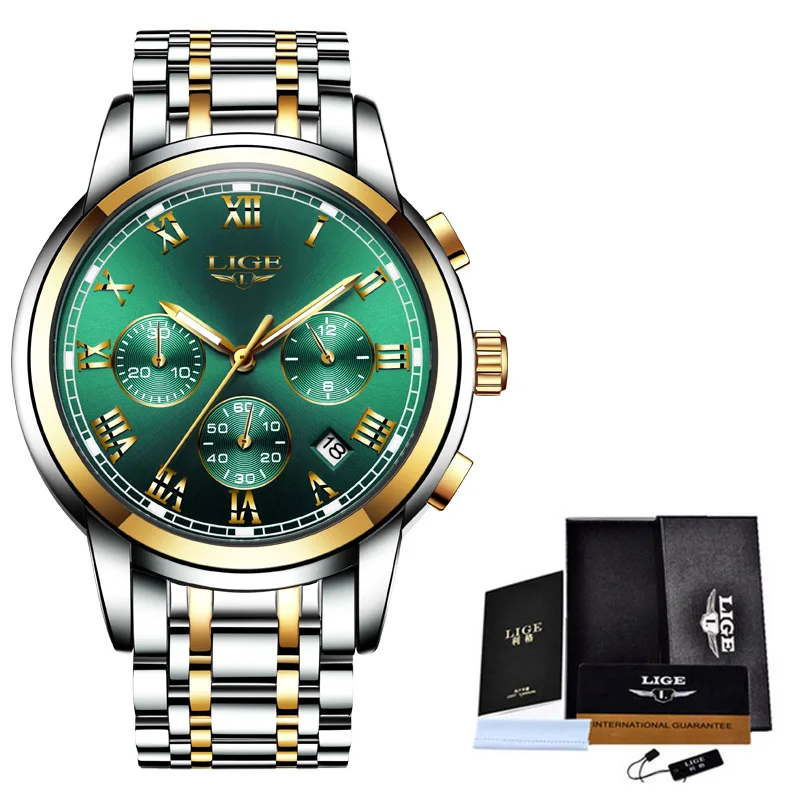 LIGE Mens Watches Top Brand Luxury Fashion Automatic Mechanical Watch Men All Steel Sport Waterproof Clock Relogio Masculino+Box - Цвет: Rose gold green