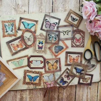 

38pcs MIX Size Butterfly Specimen Wooden Frame Style PVC Sticker Scrapbooking DIY Gift Packing Label Decoration Tag