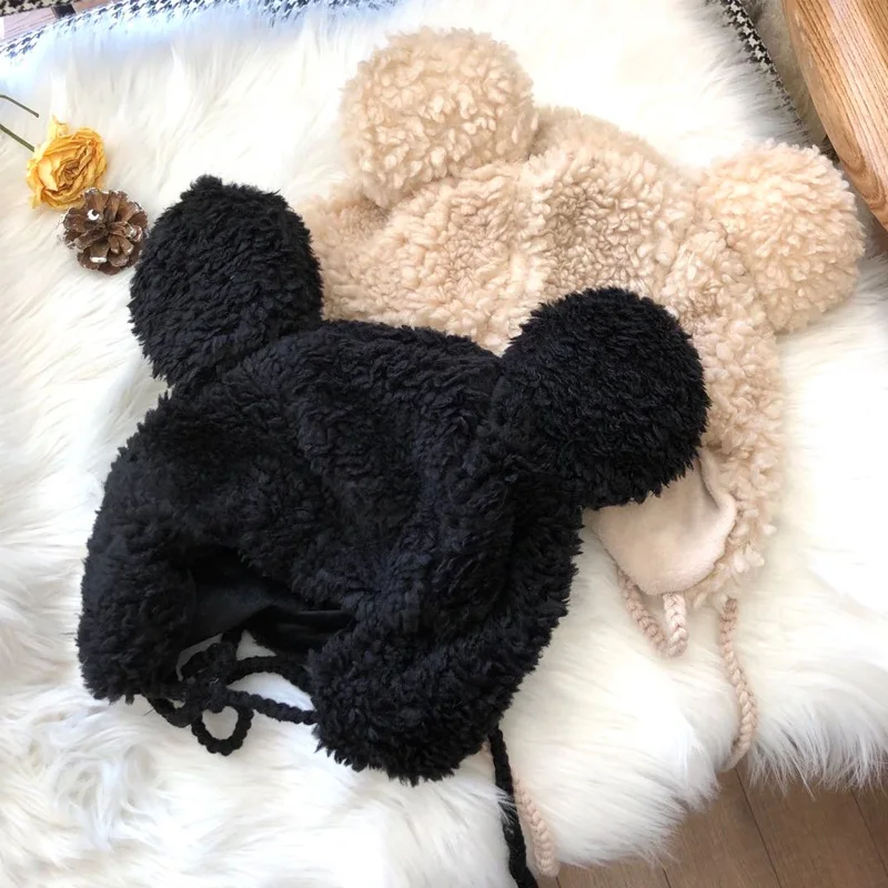 Women Winter Thicken Plush Warm Earflap Hat Cute Bear Ears Windproof Beanie Cap with drawstring Chin Strap 5