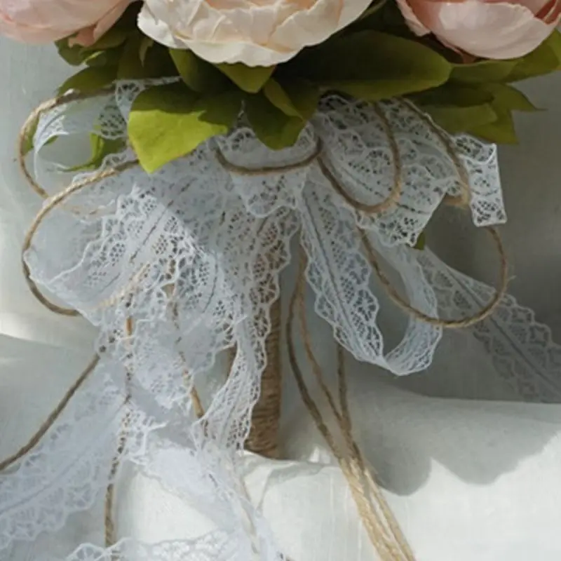 Ретро деревенский стиль невесты букеты Искусственные пионы поддельные розы свадебные держа цветок Длинные ленты Кружева вечерние
