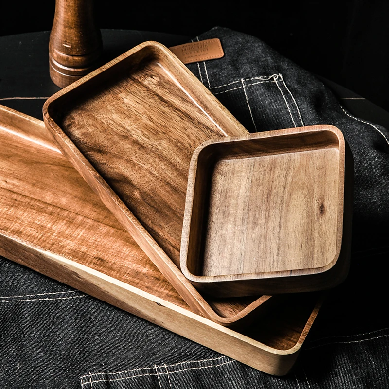 Acacia Wood Serving Tray Saucer Tea Tray Dessert Dinner Plate Tableware Set Japanese Snacks Food Rectangular Plate Storage Dish