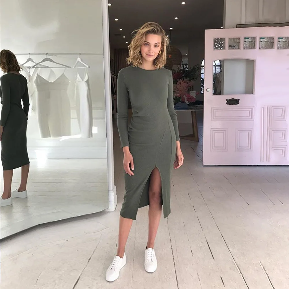 WannaThis Простые платья для женщин Сплит до колена Вечерние Платья Bodycon с длинным рукавом осень зима o-образным вырезом сплошной Тонкий Повседневный
