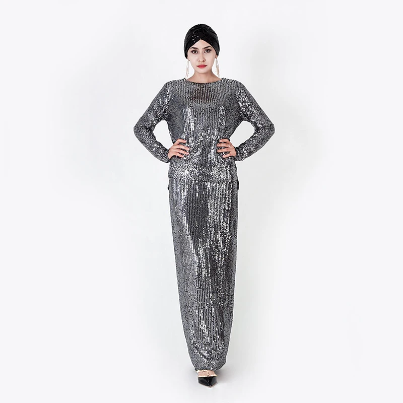 Sequin abaya Дубай мусульманский Топ Юбка ансамбль Femme 2 шт. Pantalon арабский Оман Пакистан турецкая исламская одежда Женский комплект