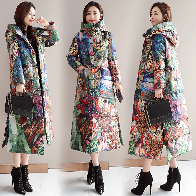 

Ethnic-Style Elegant Cotton-padded Clothes Women's 2019 New Style Printed Long over-the-Knee Hooded Cotton Coat Winter Frog Cott