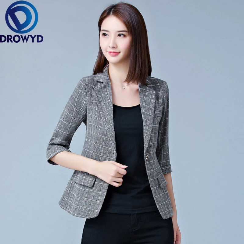 

Women Gray Plaid Blazers 2020 New Fashion Lady Office Work Suit Pockets Jackets Coat Casual Slim Tops Long Sleeve Femme Blazer