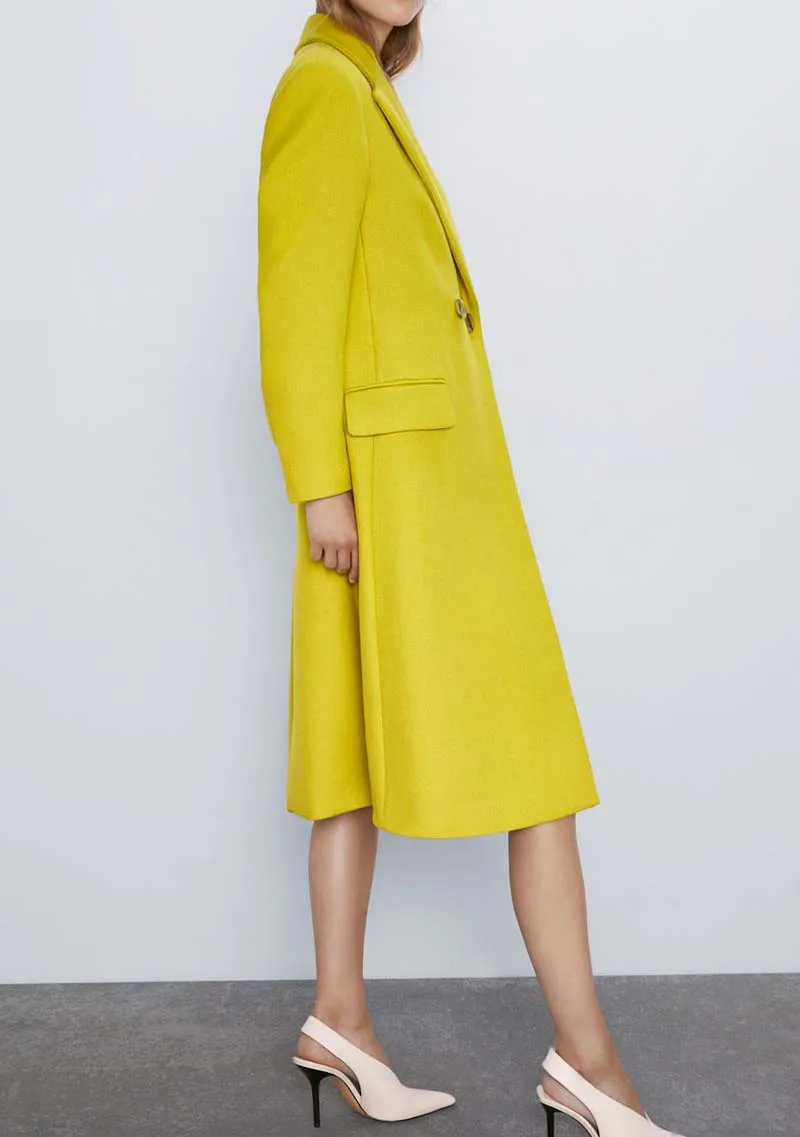 Желтое женское двубортное шерстяное пальто зима длинный рукав тонкая верхняя одежда отложной воротник Длинные куртки элегантные YNZZU 9O006