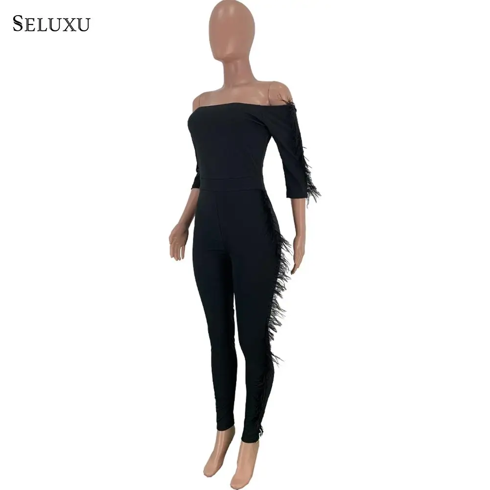 Seluxu, сексуальный комбинезон, женский, модный, Одноцветный, боди, на одно плечо, с рюшами, кружева, длинные штаны, комбинезон, праздничная Клубная одежда