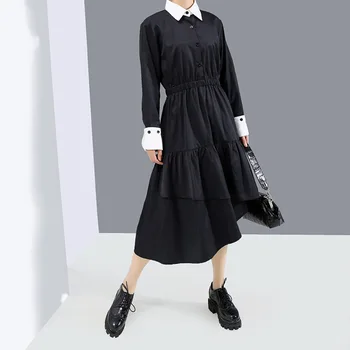 

New 2020 Fashion Long Sleeve Women Spring Black Pleated Shirt Dress Irregular Hem Ladies Midi Casual Loose Dresses Robe Style
