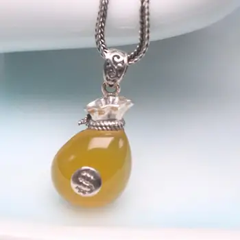 

Real 925 Silver Necklace for Women Yellow Chalcedony Bag Coin Pendant Wheat Chain Necklace Jewelry 20inch Gift