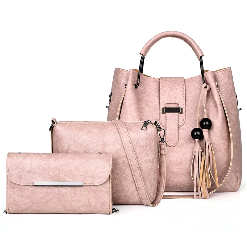 

New Style WOMEN'S Bag Solid Color Fashion Beads Tassels Different Size Bags Three-piece Set Western Style Shoulder Bag