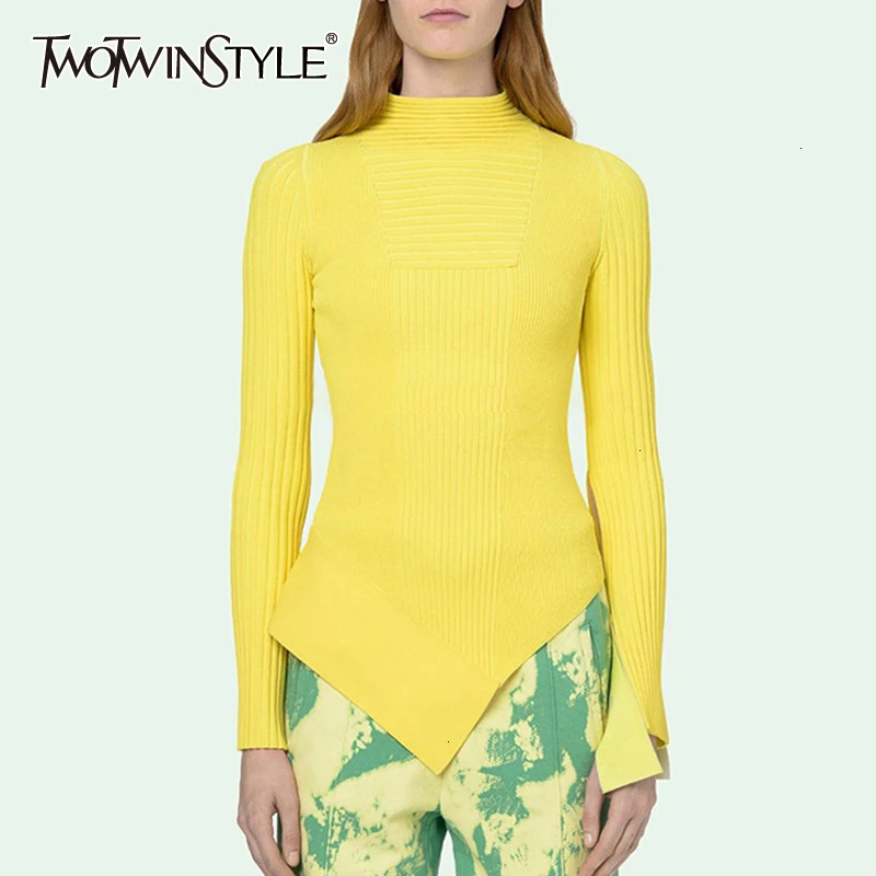 TWOTWINSTYLE Minimalist Women's Sweaters Long Sleeve O Neck Slim Irregular Female Sweater 2020 Autumn Large Size Fashion New | Женская