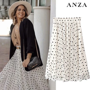 

ZA Women Midiskirt 2020 New Summer Dot Print Pleated Loose Chiffon Skirt Femme Elegant A-line Chic White Skirt
