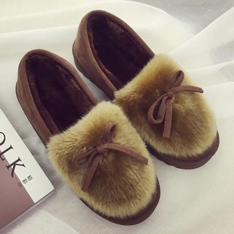 Коричневый Зимняя обувь на платформе; женские уличные домашние тапочки; женские зимние меховые шлепанцы; домашние сандалии; пушистые тапочки; Женские Симпатичные лоферы с бантом - Цвет: Коричневый