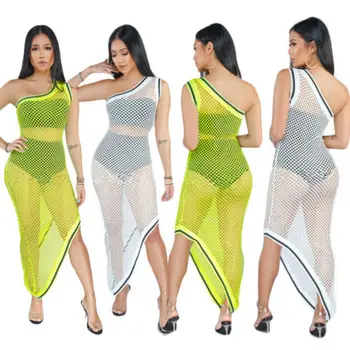 

Women Sexy Fishnet Mesh Bikini Cover Up Bathing Summer Beach Dress Hollow One Shoulder Swimwear Party Cocktail Club Long Dress