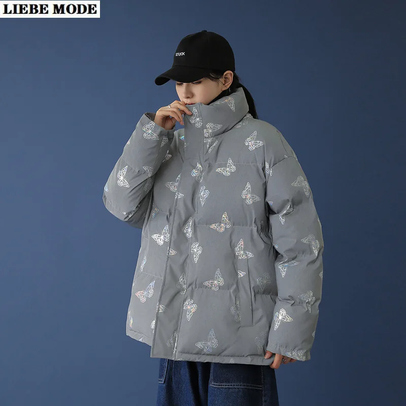 

Reflective Butterfly Thicken Warm Puffer Jacket Men Women Stand Collar Oversized Parka Coat Harajuku Cotton Padded Bubble Parkas