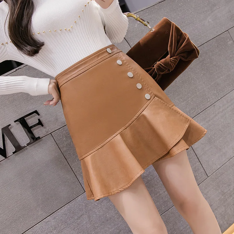 

PU Leather Fishtail Skirt Photo Shoot 2019 Autumn And Winter High-waisted Washing Water Sheath Short Skirt Half-length Leather S