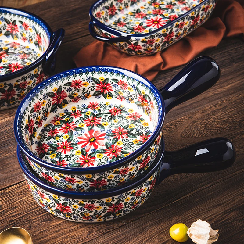 Ceramic Bowls Polish Style Bakeware Baking Binaural Bowl With Handle Tableware Salad Dessert Steak Pasta Plate ceramic noodle bowl tableware set cereal bowls
