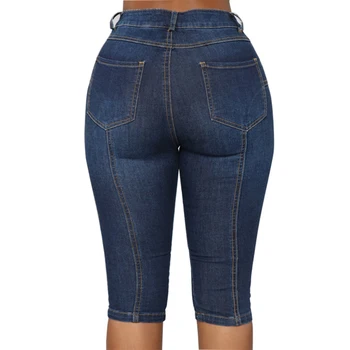 

2020 women denim knee length pants blue skinny jeans summer casual blue high waist button fly with pockets jeansy damskie