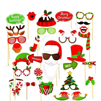 

32pcs Christmas Photo Booth Props Kit Merry Xmas Sign Santa Hat Beard Antler Speech Bauble Holiday Family Reunion Party Decor