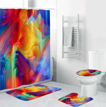 

Painting Print Bathroom Set Waterproof Shower Curtain Non-slip Mats Bath Carpets Toilet Seat Cover Lid Floor Mat Bathroom Decor