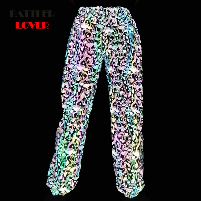 Multicolor reflective pants women night flash joggers female streetwear hip hop camouflage colorful trousers couples sweatpants