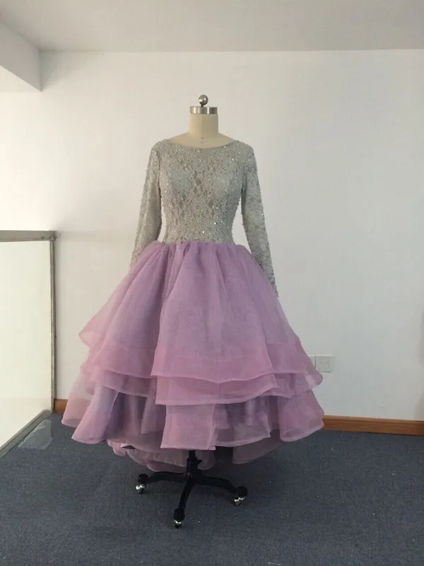 

Purple Long Sleeve Evening Gowns Organza Front Short Back Long Prom Dresses