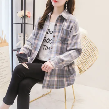 

2020 Autumn Checked Wool Loose Shirts Women Turndown Collar Long Sleeve Warm Shirt Female Winter Fashion Casual Lady Top Clothes