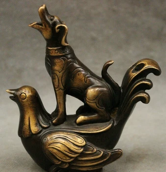 

voge gem S2311 FengShui Chinese Bronze Auspicious Animals Zodiac Dog Ride Cock Chook Statue