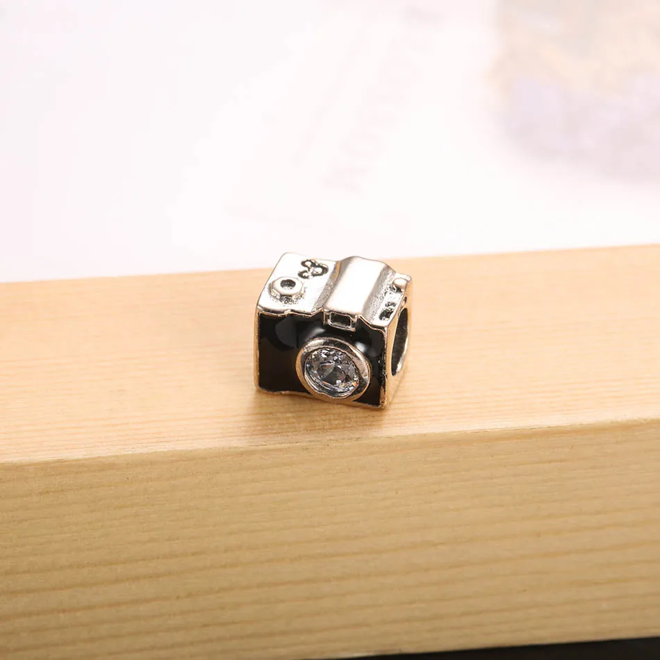 Аутентичные бусины из стерлингового серебра 925 черная эмаль камера с кристаллами талисманы подходят леди браслет DIY ювелирные изделия