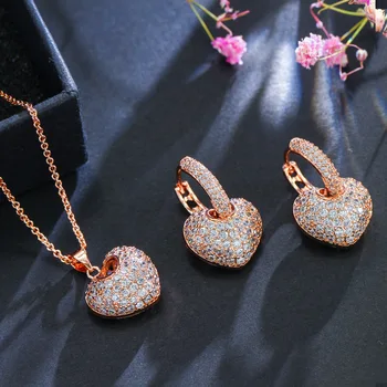 

Micro Pave Cubic Zirconia Rose Gold Color Heart Hoop Earrings And Necklace Famous Brand Jewelry Sets For Women